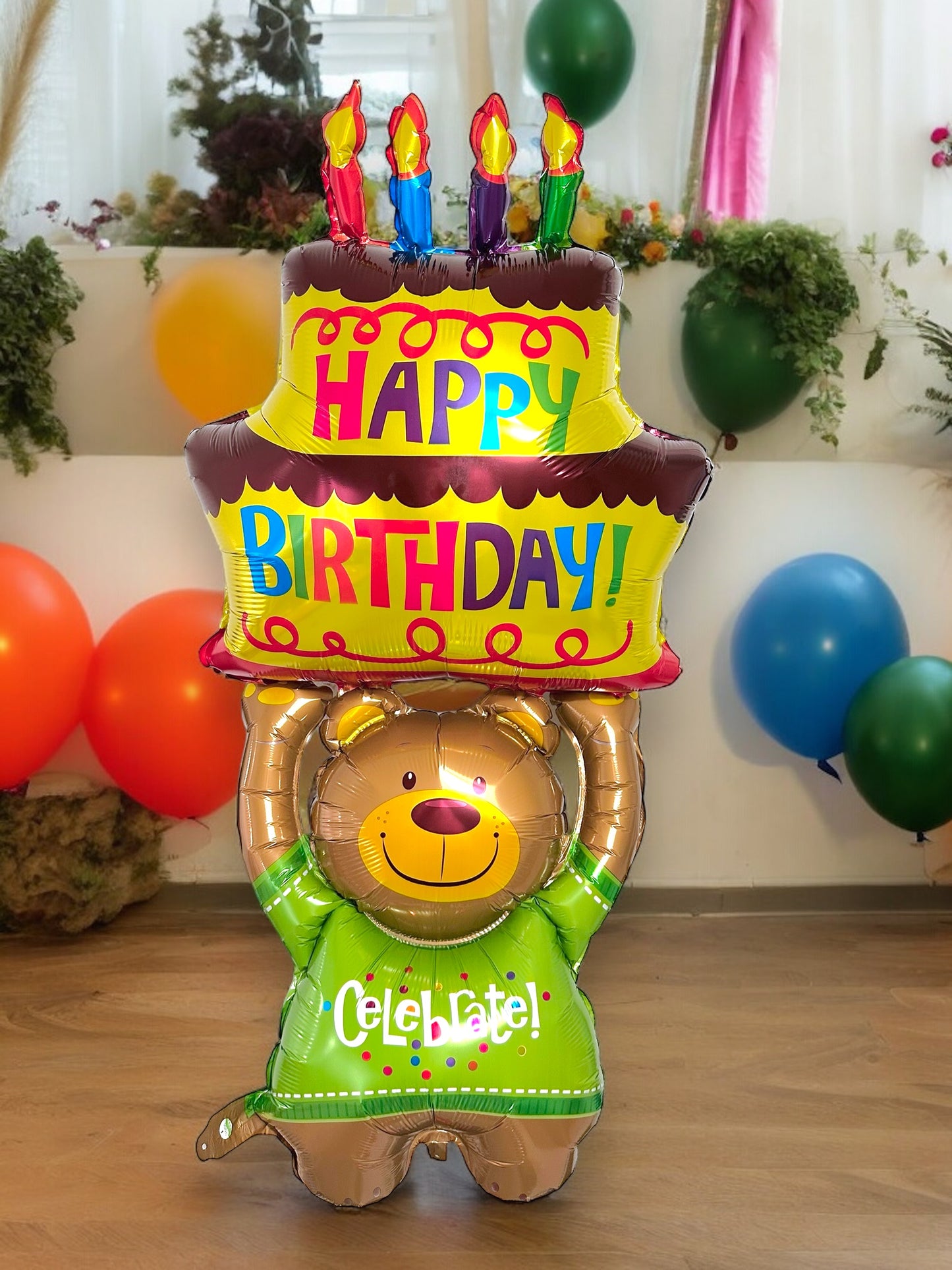 124cm - Folieballong björn med födelsedagstårta