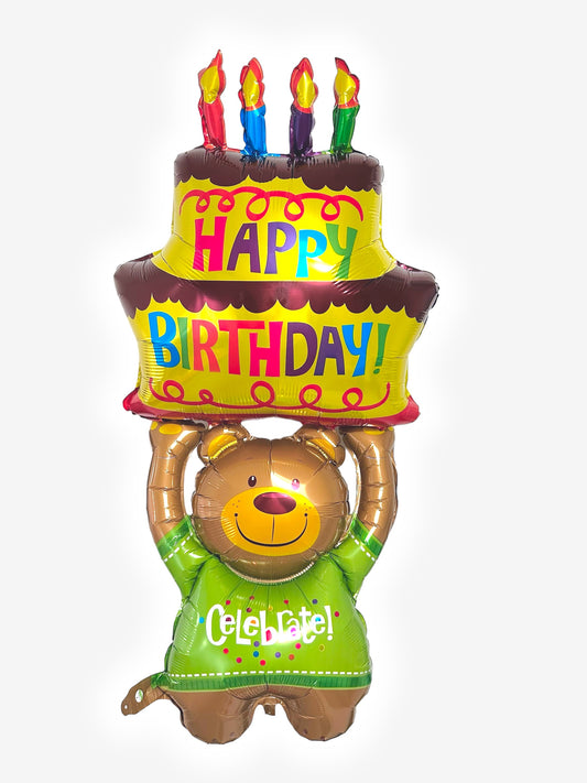 124cm - Folieballong björn med födelsedagstårta